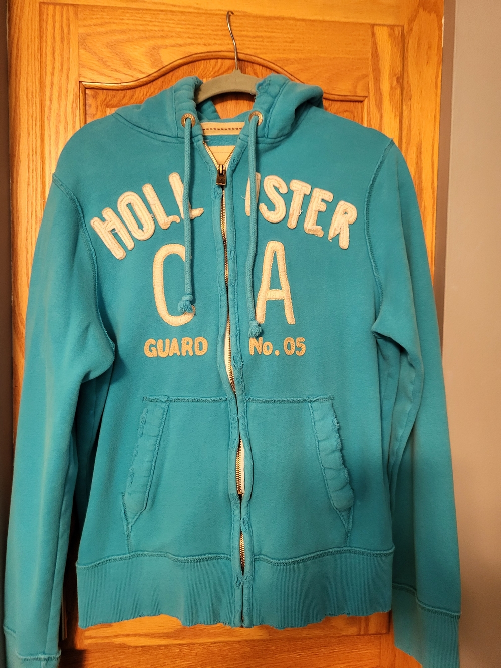 Vintage Hollister Men's Blue Fleece Full Zip Hoodie Logo Distressed Size Large